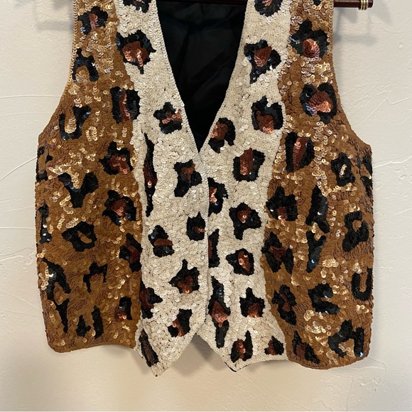 VINTAGE JUST FABULOUS SEQUIN LEOPARD ANIMAL PRINT SILK CAMP GLAM 80s VEST - Picture 4 of 16